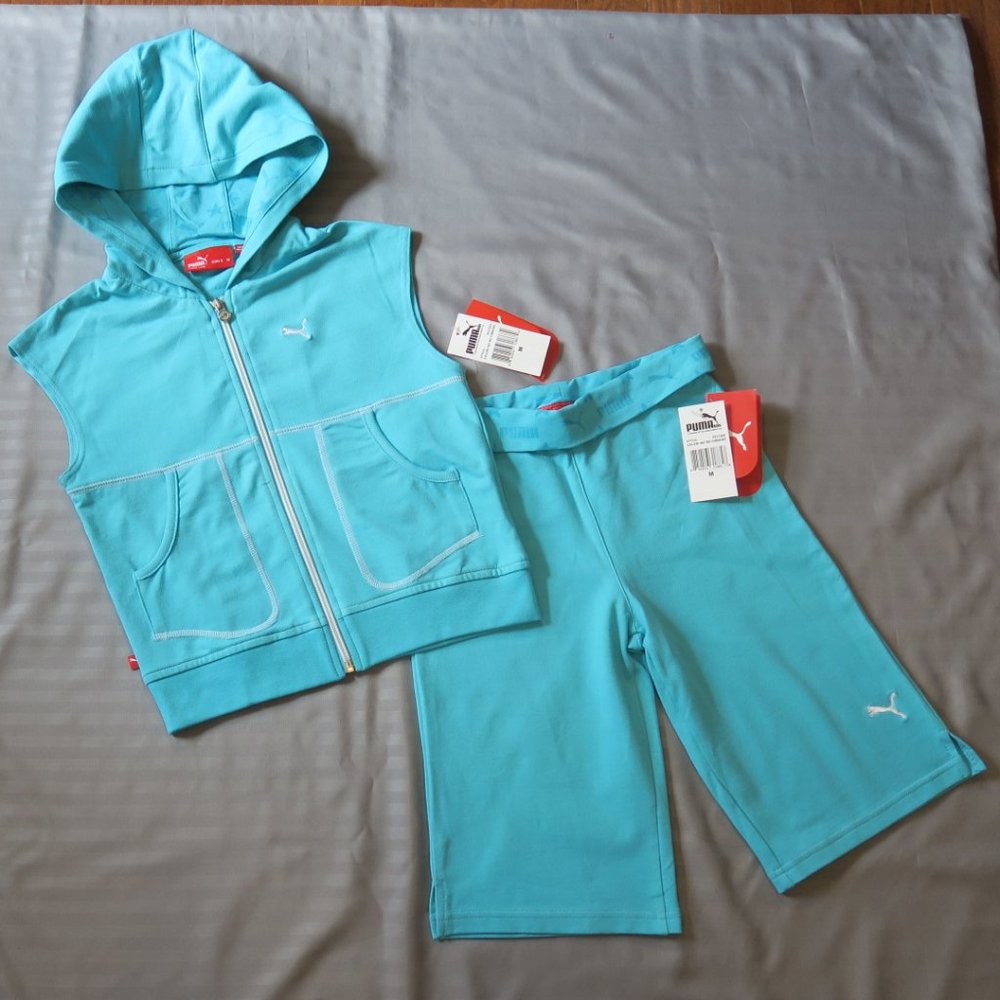 PUMA Girls Turquoise Blue Sleeveless Hoodie & Capri/Shorts Set, Size Med, NWT